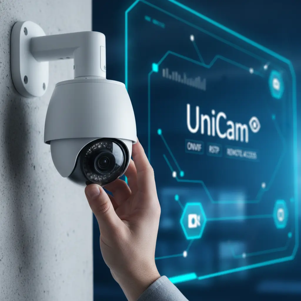A hand adjusting an IP camera lens, with a blurred background showing a digital interface with UniCam branding.