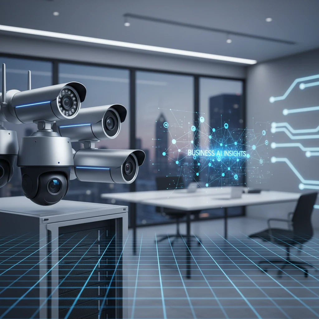 Business owner viewing a UniCam dashboard with AI insights overlayed on a camera feed, demonstrating operational efficiency and profit optimization