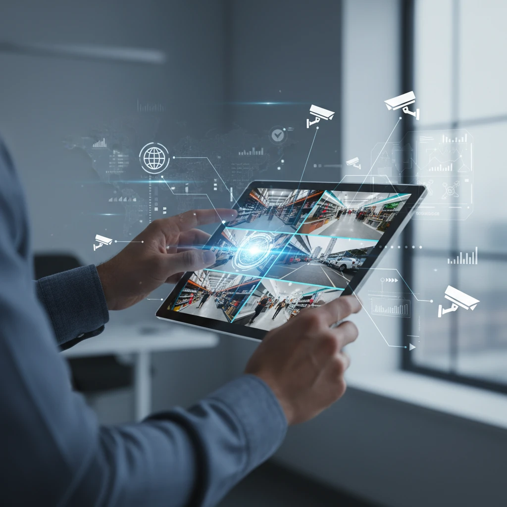 Business owner looking at a multi-camera dashboard on a laptop, demonstrating centralized camera management