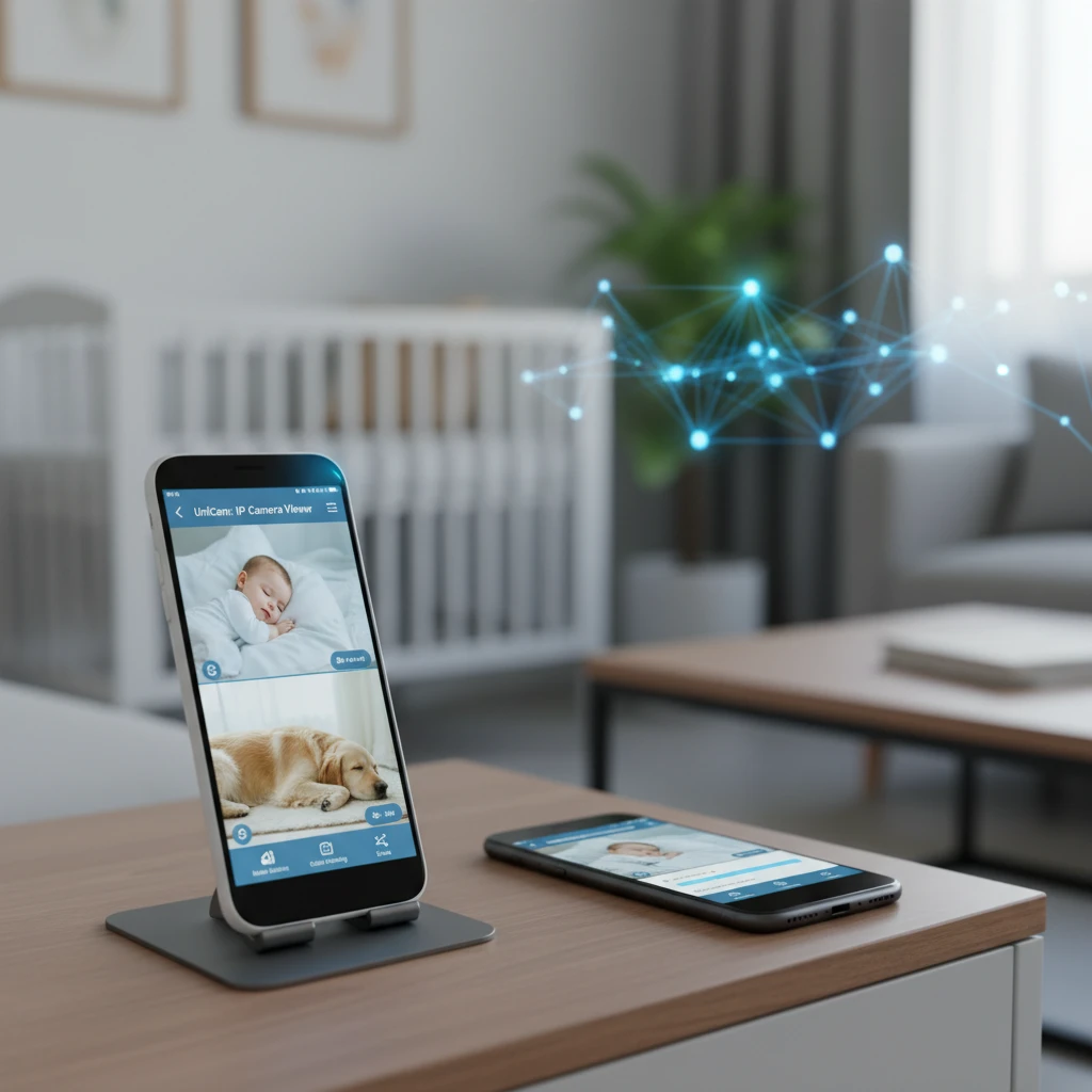 Smart baby pet monitor setup showing an old phone running UniCam: IP Camera Viewer, with a dog sleeping in the background.