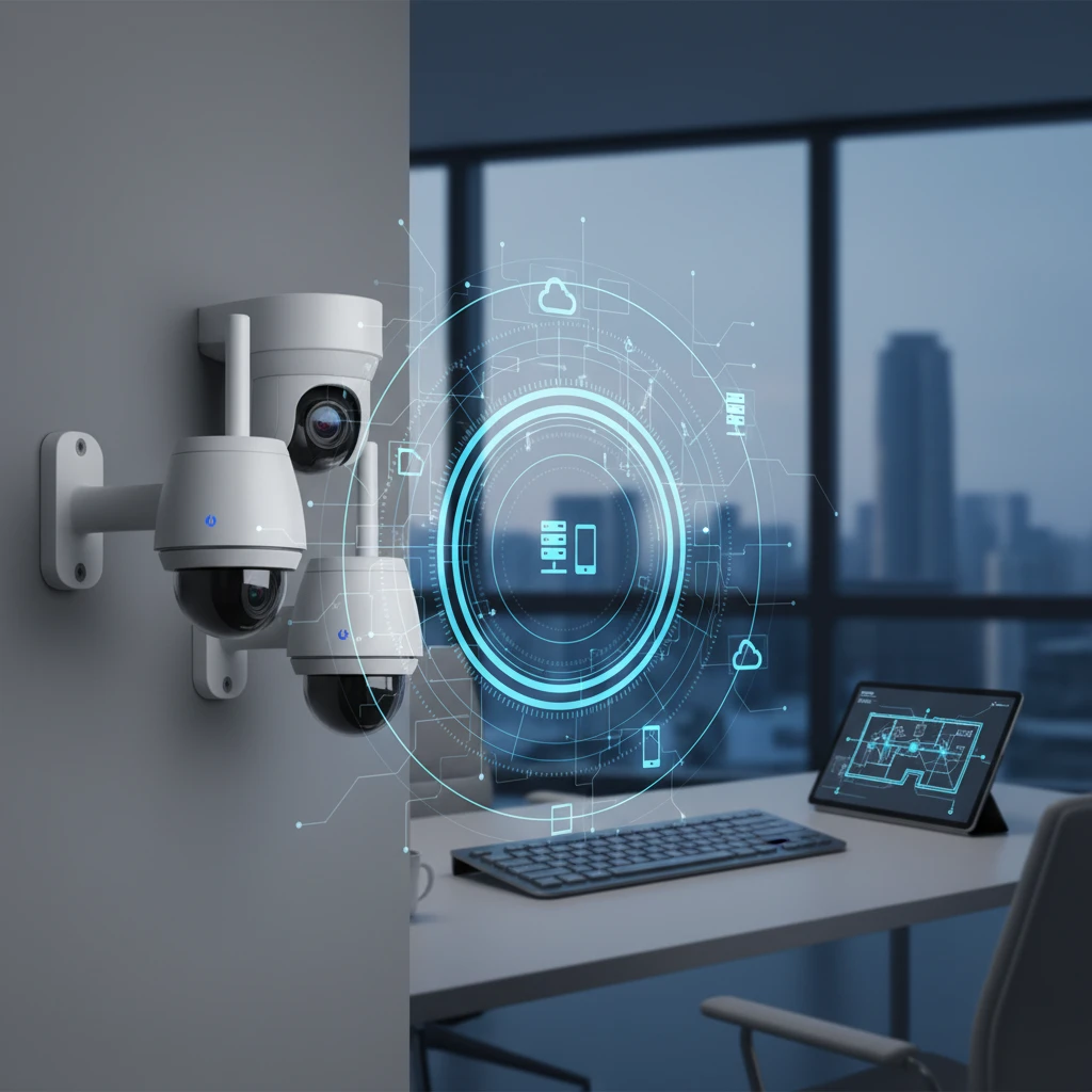 A forklift moving crates in a modern warehouse, overseen by a digital dashboard displaying UniCam's smart video analytics, illustrating efficiency and safety.