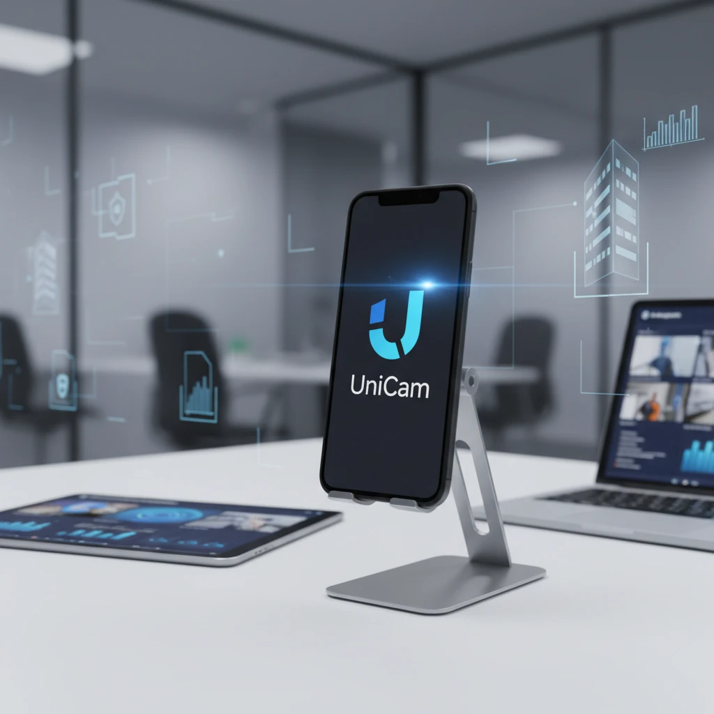 An old smartphone with a UniCam logo on its screen, positioned as a security camera, overseeing a small business interior, symbolizing cost-effective business security.
