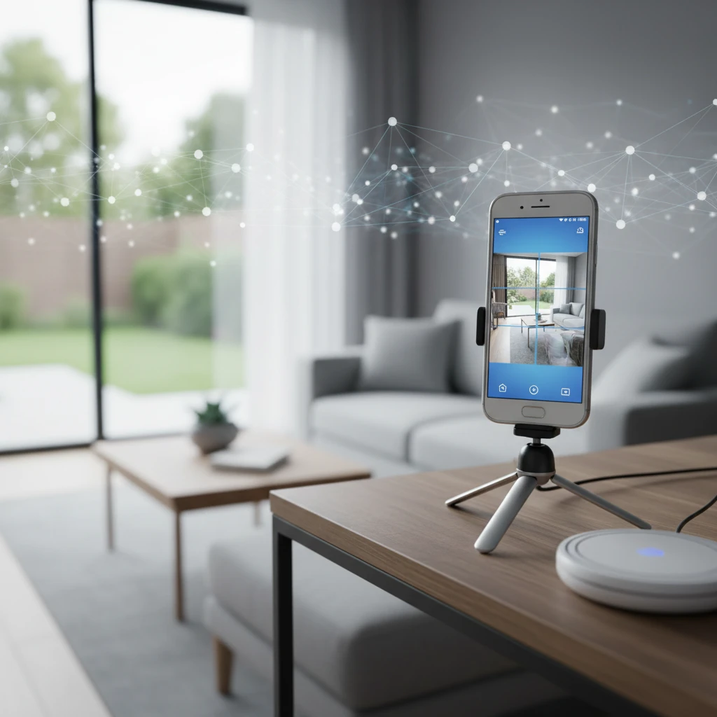 Old smartphone repurposed as a smart home camera, monitoring a living room with UniCam app on screen