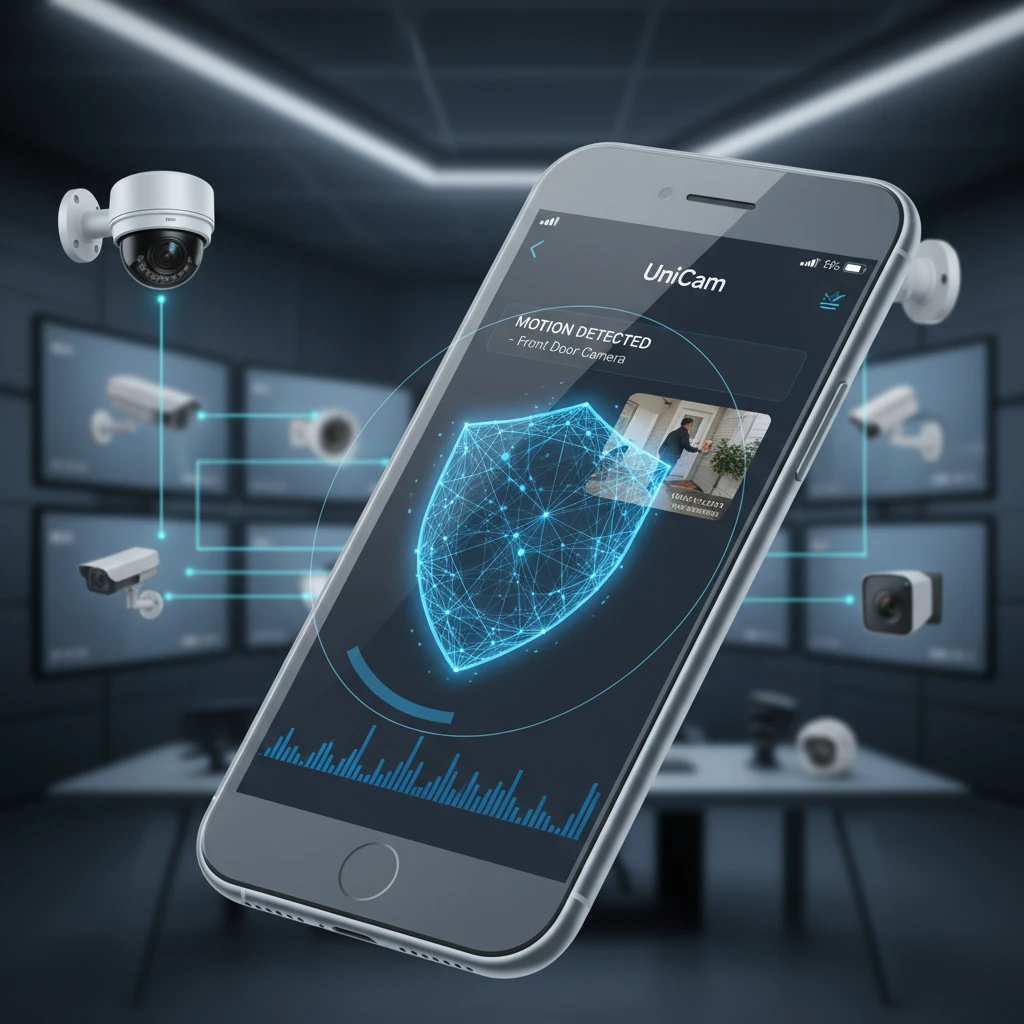 UniCam app displaying a motion alert on a smartphone, with security cameras in the background