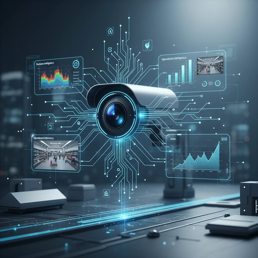 A diverse group of business professionals looking at a dashboard with graphs and video feeds, illustrating how AI video analytics provides business insights.