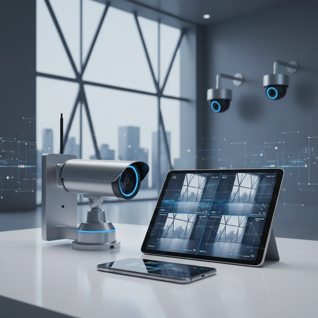 Business owner checking security footage on a tablet, demonstrating remote camera access